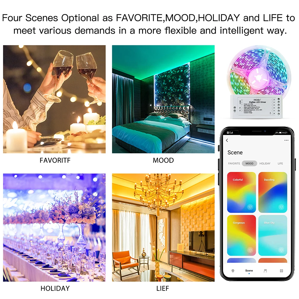 Moes ZigBee LED Controller Light Strip RGB CCT Dimmer Music Sync Tuya Smart App Control Alexa Google Smartthings Remote Control