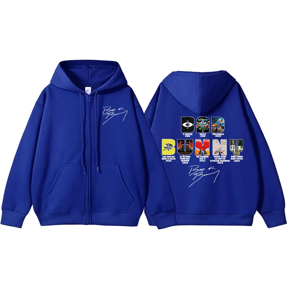 Rapper Bad Bunny Music Album Cover Print Zipper Hoodies Men Women Clothing Hip Hop Zip Up Sweatshirts Long Sleeve Hoodie Jackets