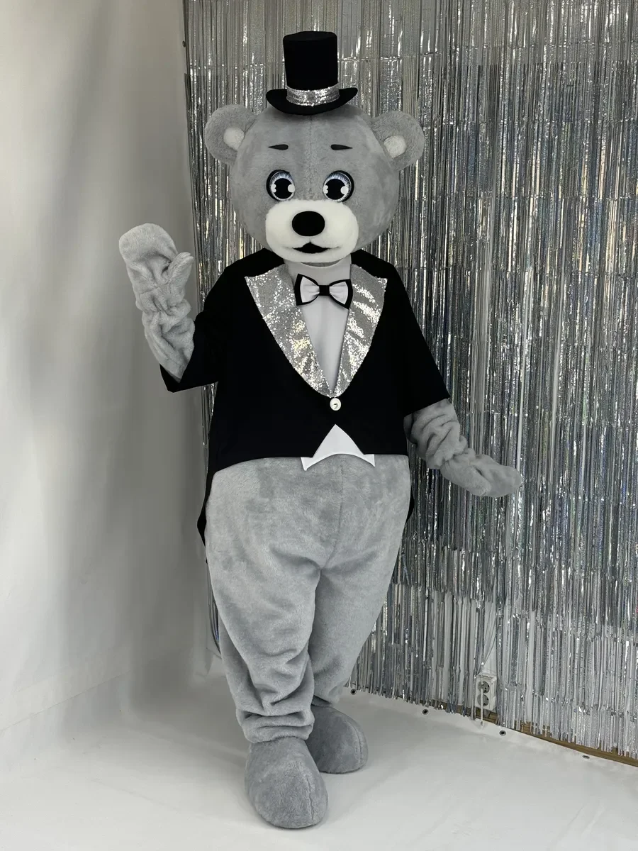 

Black Tuxedo Grey Bear Mascot Costume Cartoon Plush Walking Doll Clothes for Halloween Christmas Party Fancy Dress Accessory