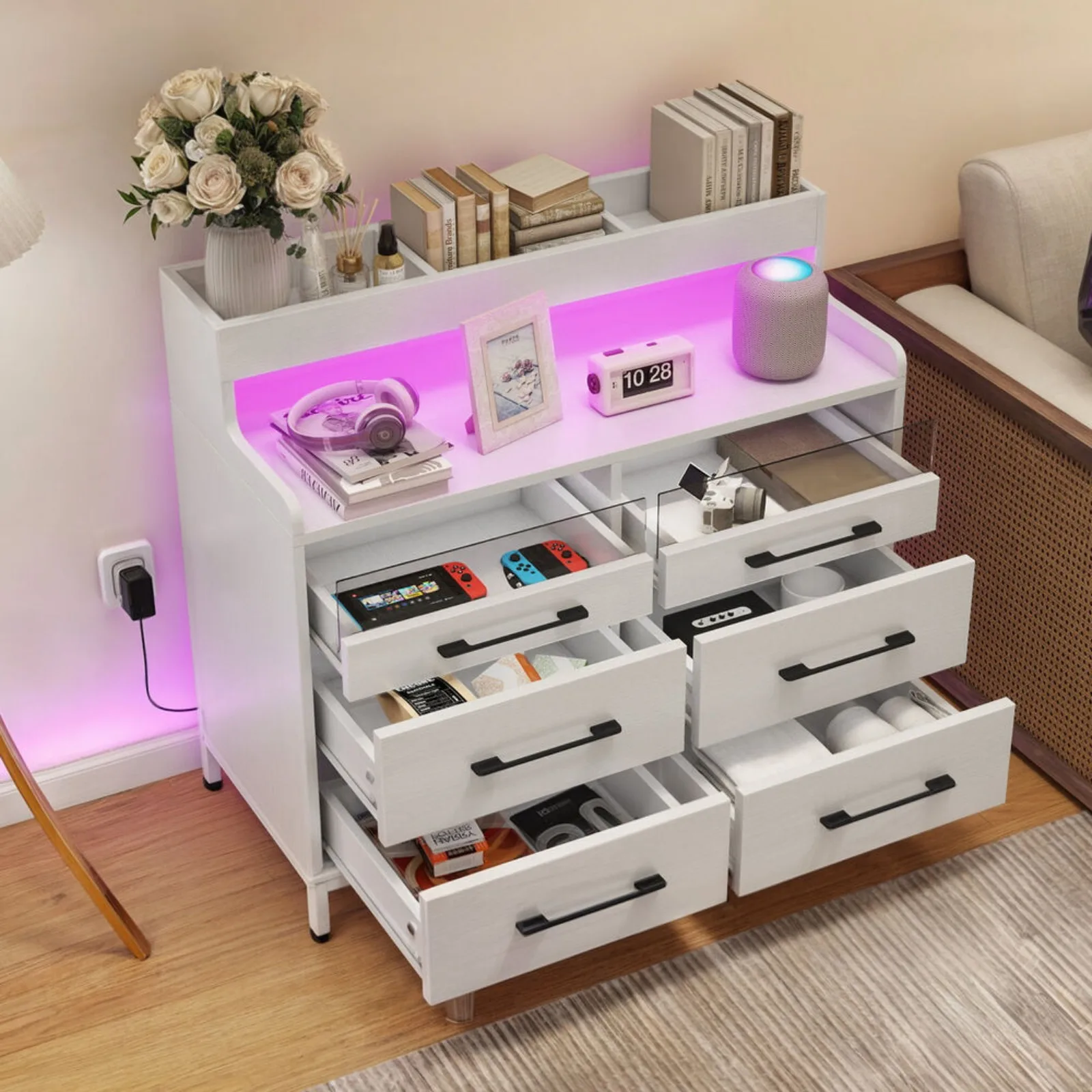 6-Drawers Dresser with LED Bedside Storage Cabinet Chests Wood Organizer Bedroom United States