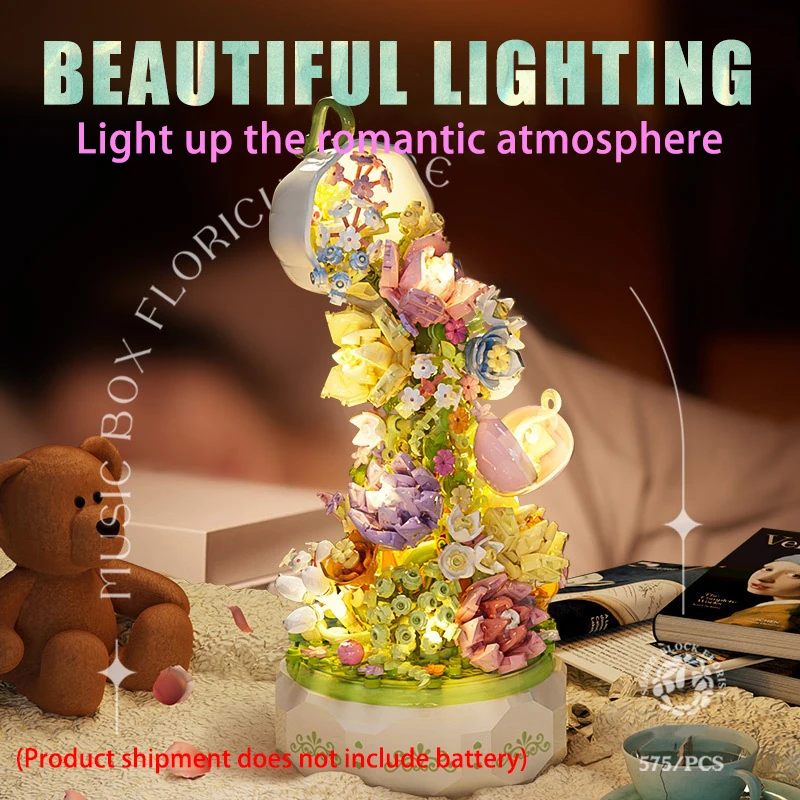 

Romantic Flower Lighting Music Box Building Block Home Decor Anime Creative Valentine's Day Toys Gifts For Children Adult