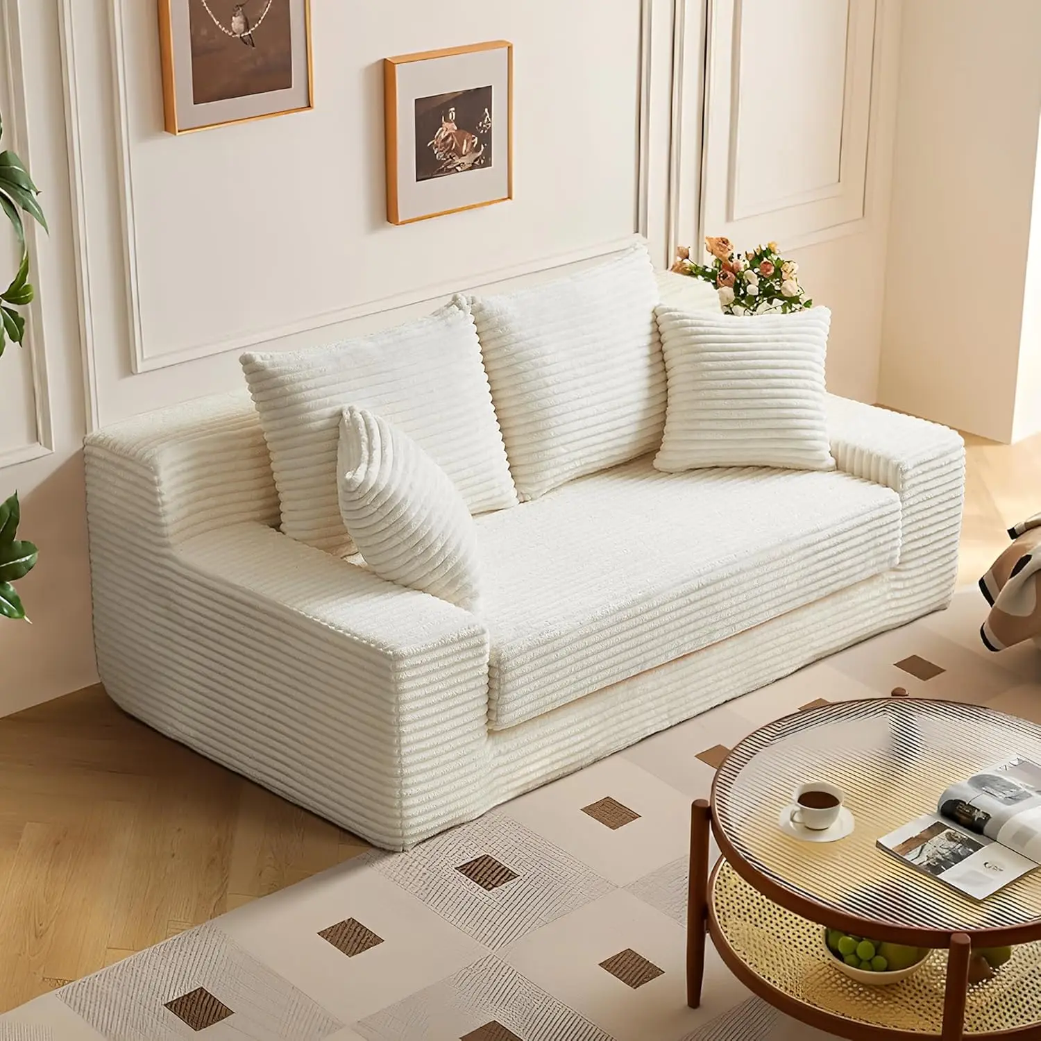 أريكة بمقعدين مقاس 70.9 بوصة، أريكة بمقعدين من قماش الفلانيل، أريكة بمقعدين منجدة حديثة للترفيه مع وسادتين،