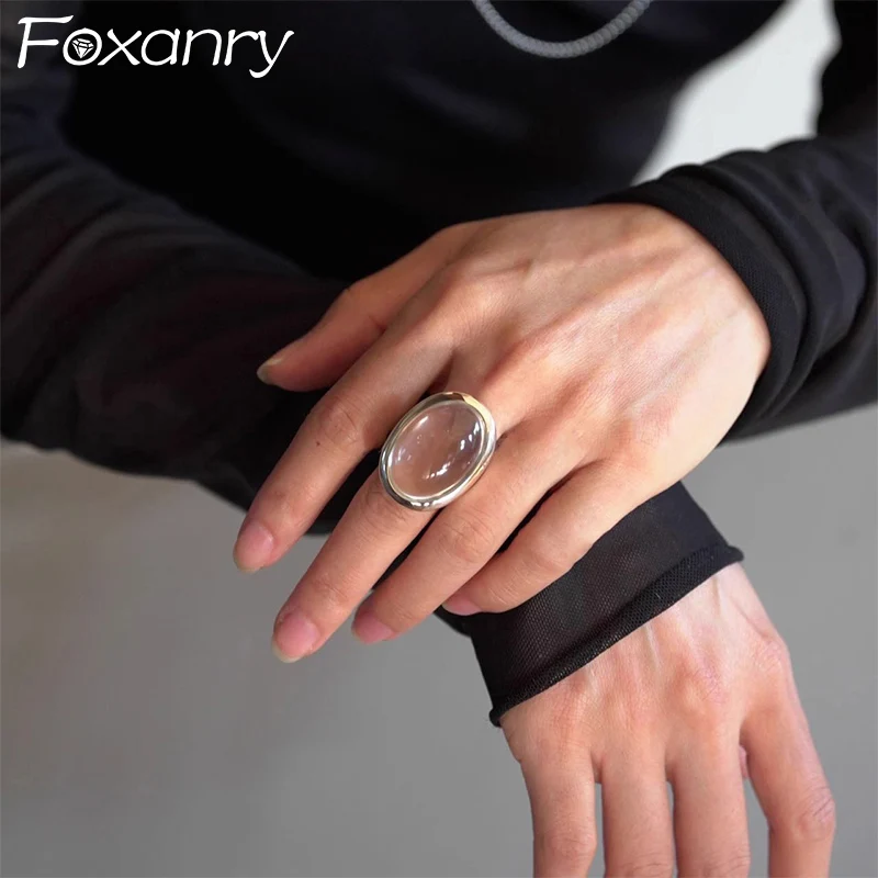 Foxanry Silver Color Ellipse Crystal Rings For Women Simple Exaggerated Elegant Vintage Temperament Engagement Jewelry Gifts