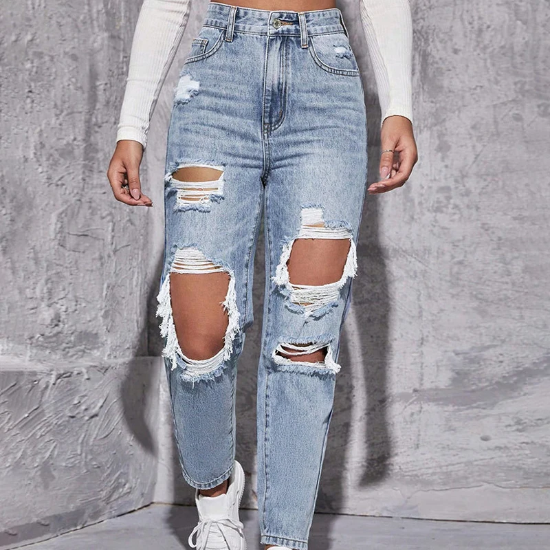 Women's Distressed Straight Leg Jeans Ripped Hole Denim Pants Casual Loose High Waist Street Style Trousers