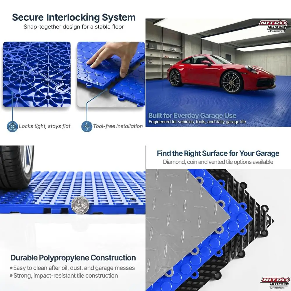 

12 x 12 Heavy-Duty Interlocking Garage Floor Tiles, Coin Pattern Polypropylene, Non-Slip, Shelby Blue, 52 Tiles, 52 Sq/ft