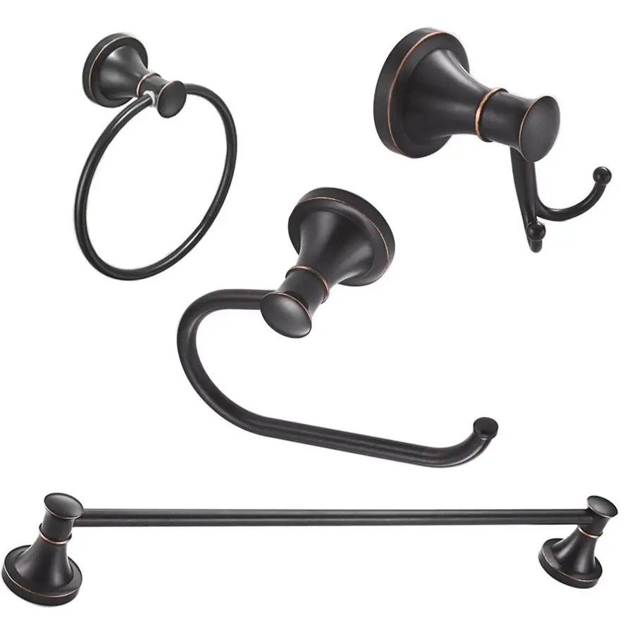 

Oil Rubbed Bronze 4 Piece Bathroom Accessories Set Single Towel Bar, Towel Ring, Toilet Paper Holder, Double Towel Hooks, Wall M
