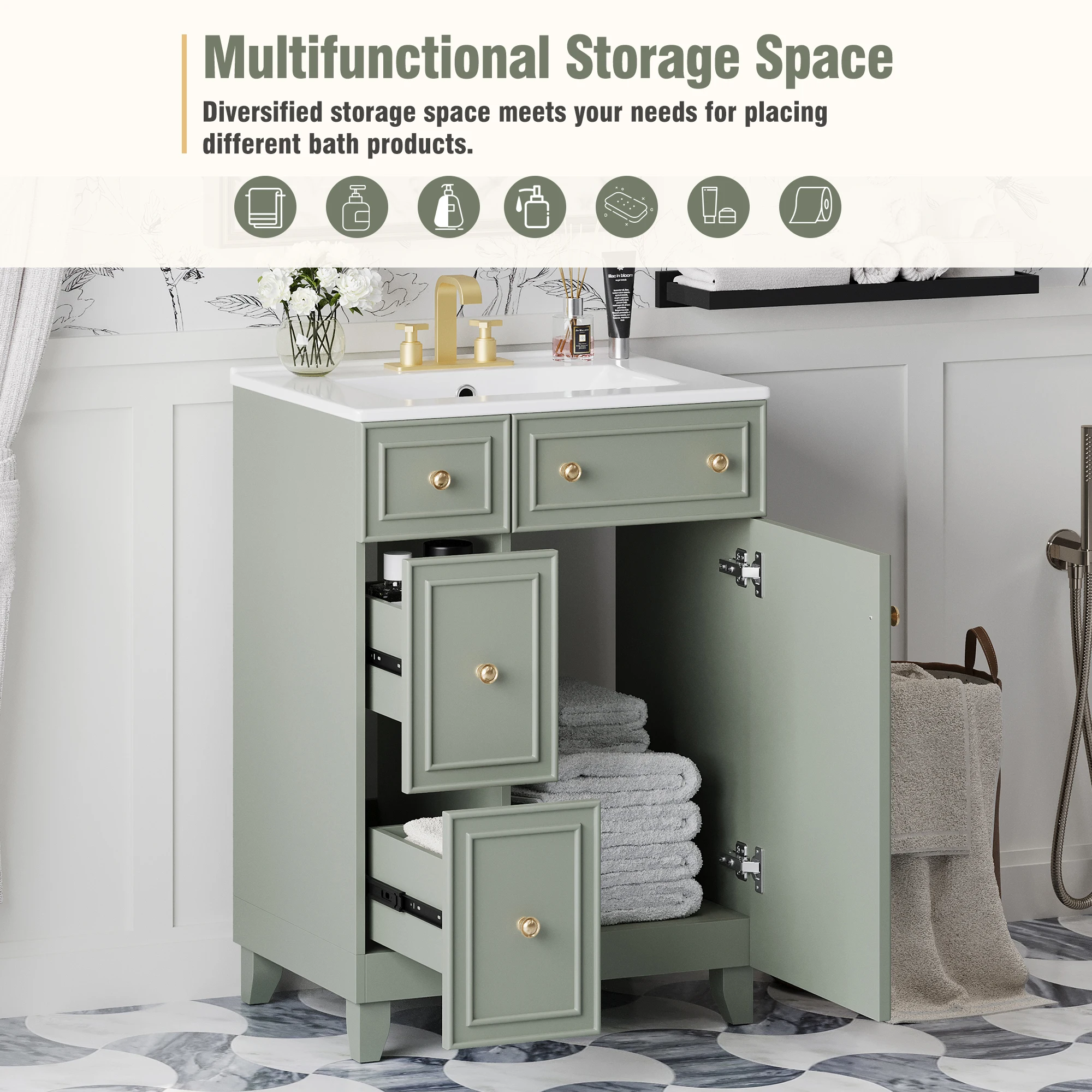 Freestanding Bathroom Vanity Ceramic Sink 2 Drawers 1 Door