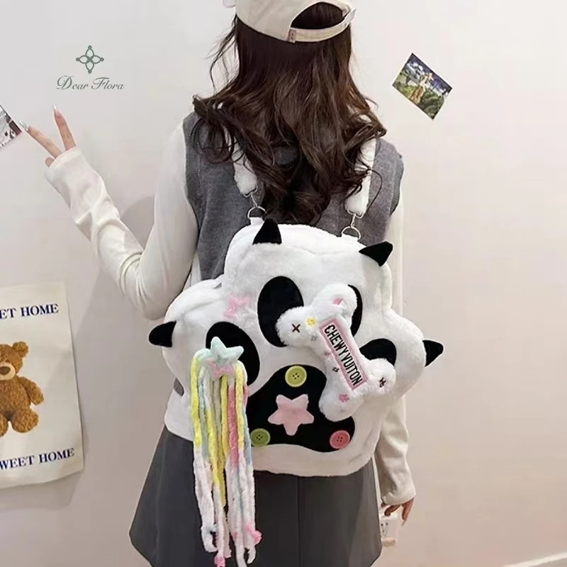 Y2K Fashion women\'s Backpack Kawaii Patchwork Furry Paw Rucksack Cute Plush Shoulder Crossbody Bags Female Tassels Star Knapsack