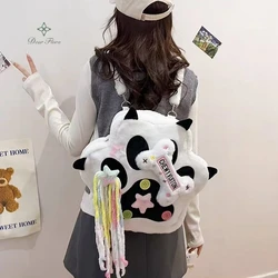 Y2K Fashion women's Backpack Kawaii Patchwork Furry Paw Rucksack Cute Plush Shoulder Crossbody Bags Female Tassels Star Knapsack