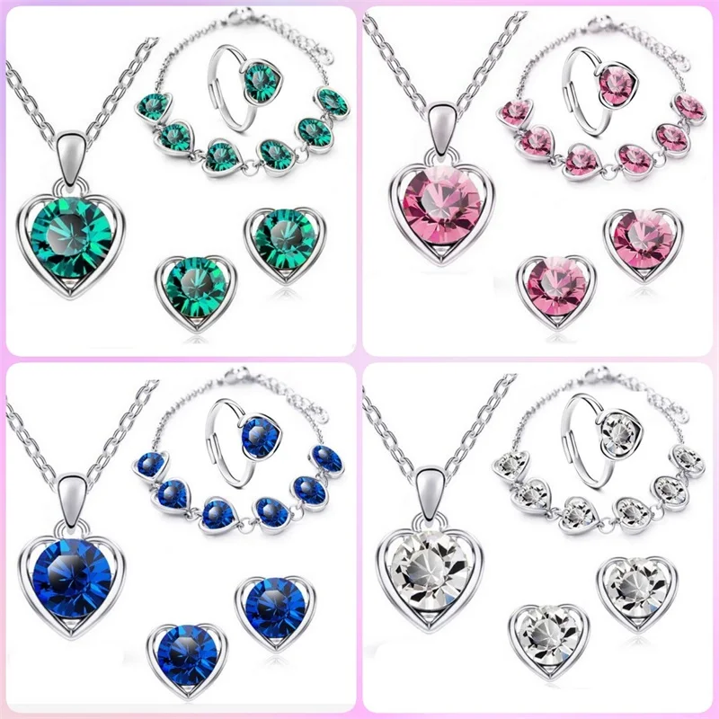 Exquisite Personality Four-piece Jewelry Fashion Heart-shaped Necklace Earrings Bracelet Ring Wedding Classic Photo Gift