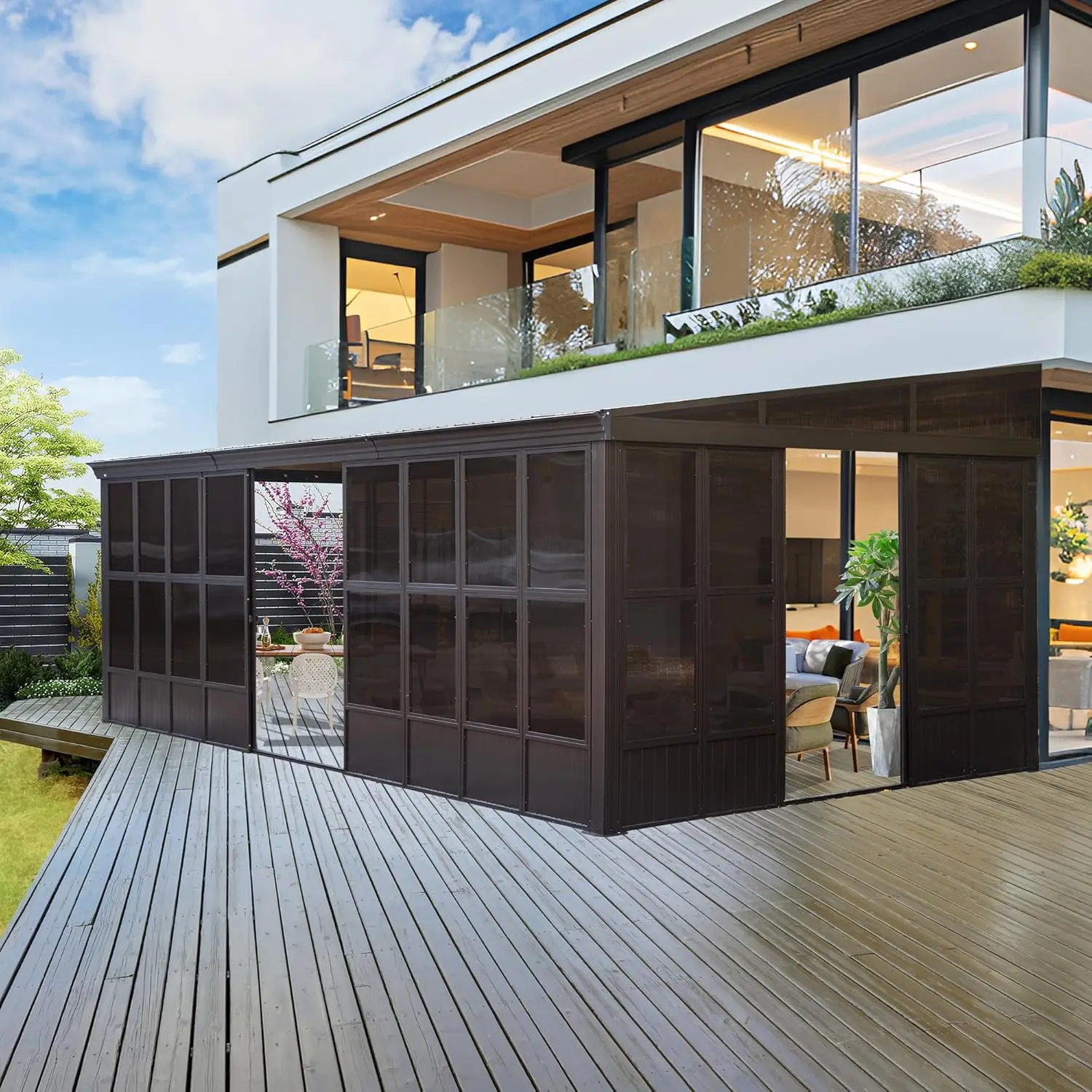 12x20FT الحائط غرفة الشمس أكشاك الموجبة مع سقف الصلب المجلفن في الهواء الطلق غرفة الشمس الدائمة المزعج إلى أكشاك لفناء سطح السفينة