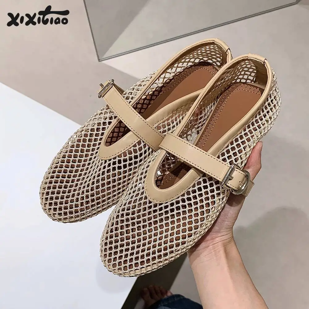 

Women's Summer Round Toe Mesh Ballet Flats Ins Style Openwork Mary Jane Sandals Flat Fishnet Shoes for Outdoor Wear