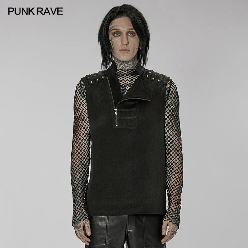 

PUNK RAVE Men's Punk Handsome Asymmetric Twill Vest Shoulder Decorative Loop Casual Tank Tops Four Seasons Men Clothing