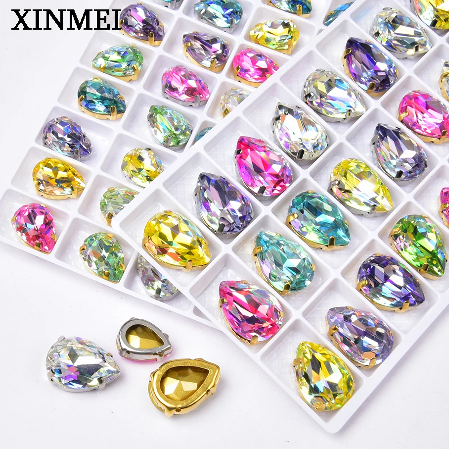 10Pcs Water Drop Lacer Glass Diamond Fantasy Color Sew on Rhinestone Gold and Silver Claw Loose Crystal Diy Garment Accessories