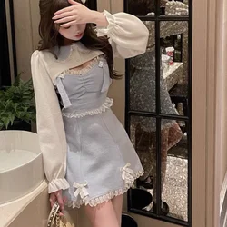 Japanese Sweet Lolita Dress Lace Women Bow Pink Kawaii Party Mini Dresses Female Blue Princess Korean Fashion Dresse Winter 2023