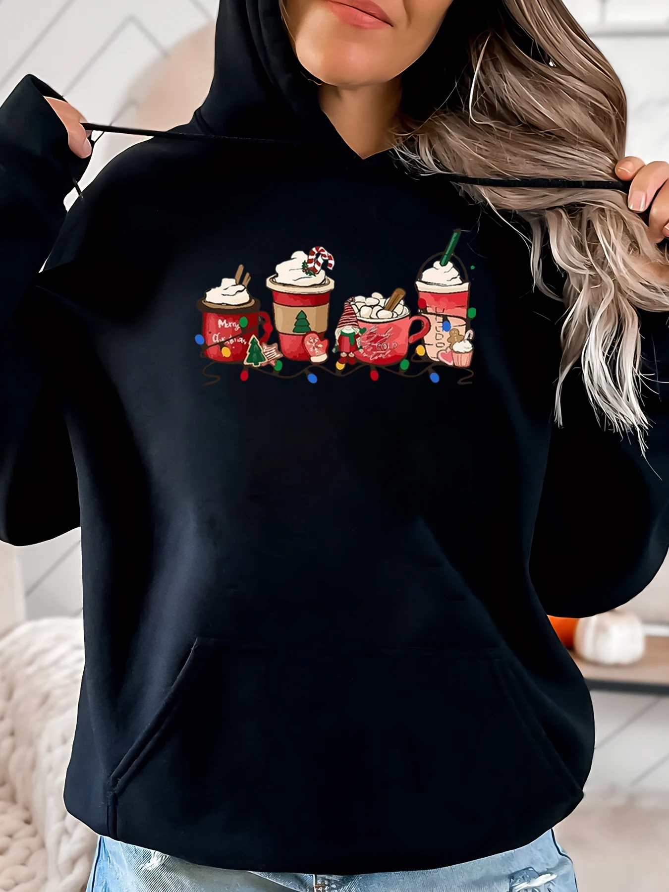 

Hot Chocolate Cups Christmas Print Hoodie Women Casual Winter Wear Black Plus-Size
