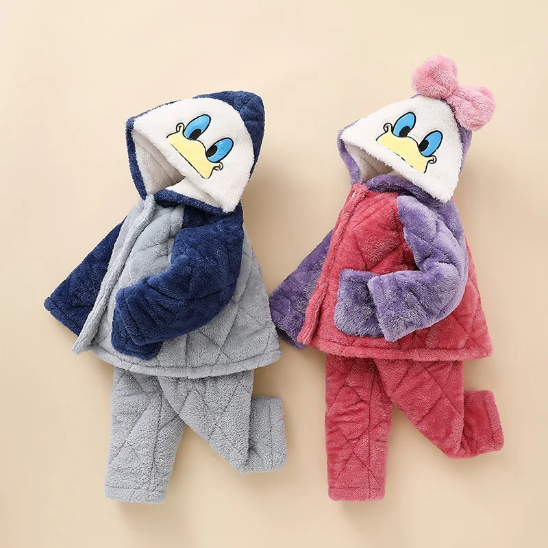 

Kids Clothes Kawaii Girls Boys Winter Homewear Cute Cartoon Daisy Donald Duck 3-layer Thick Flannel Tracksuit Pajama Set Hooded