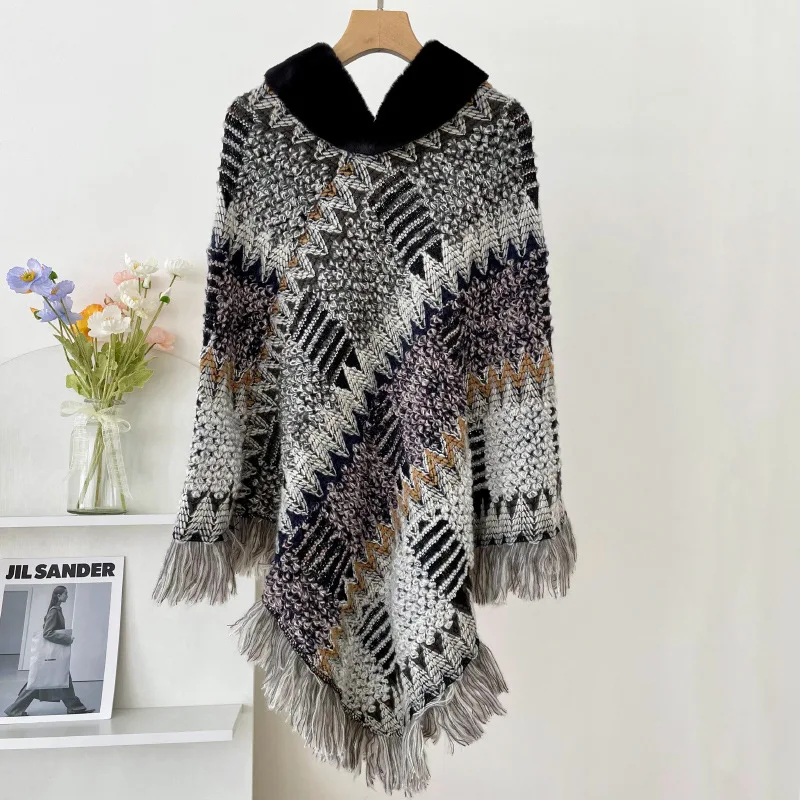 

Autumn Winter Capes National Knitted Cloak Women New Pullover Cloak Tassel Warm Shawl Imitation Wool Collar Ponchos Gray Cape