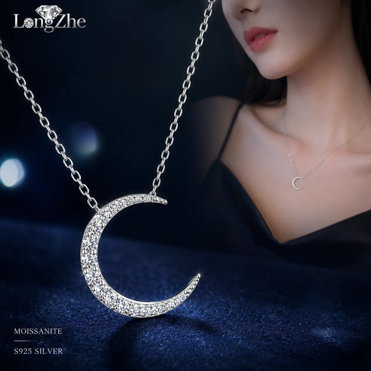 LongZhe Moissanite Moon Necklace for Women 925 Sterling Silver Crescent Pendant 0.471CT Fine Jewelry Birthday Gift for Her Party