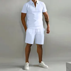 2024 Summer Men's Sports 2-piece Set Casual Short Sleeve Zipper Polo Shirt+Elastic High Waist Shorts Pant