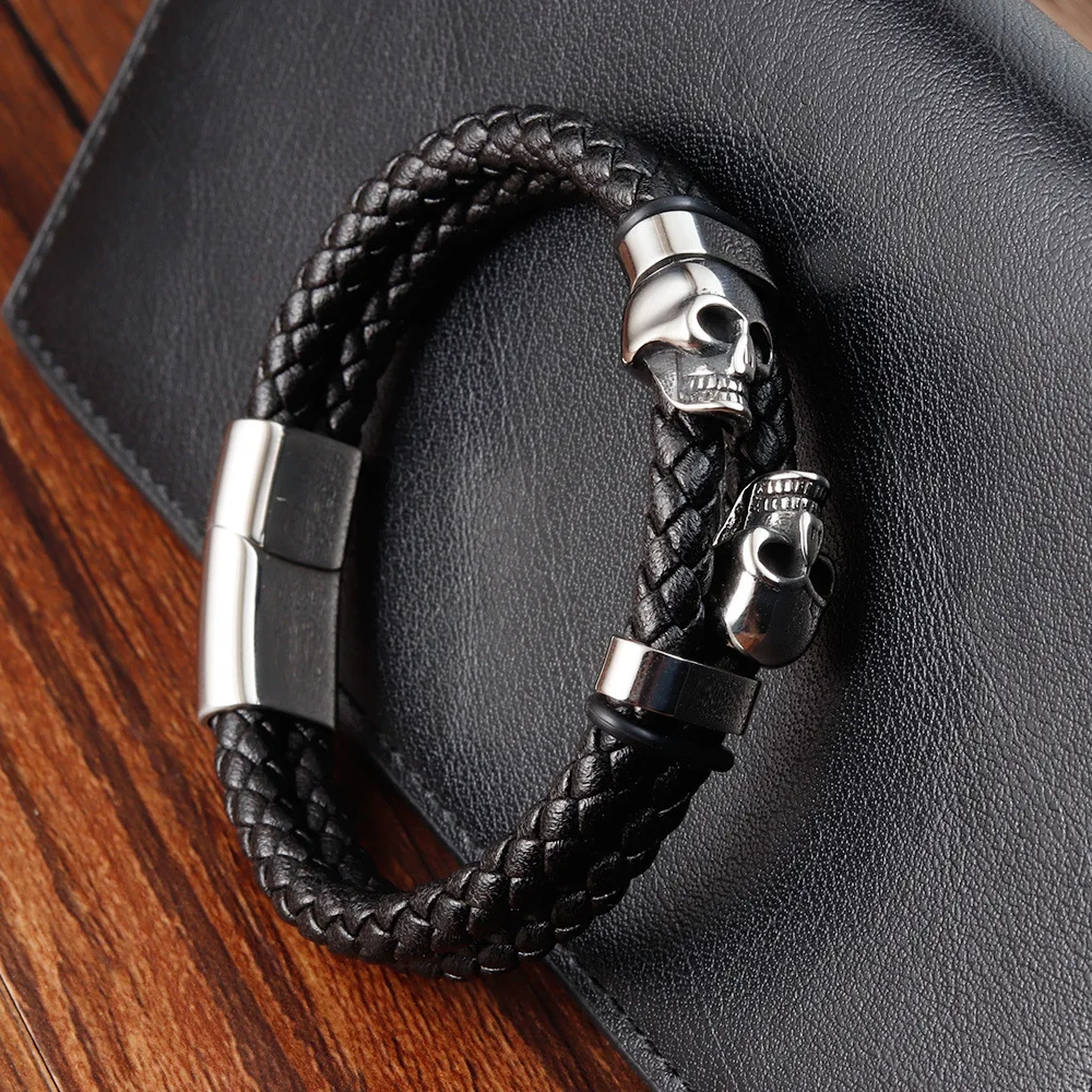 Skull Stainless Steel Bracelet Ghost Head Men\'s Leather Bracelet Braided Bracelet Handmade Multilayer Genuine Leather Bracelet