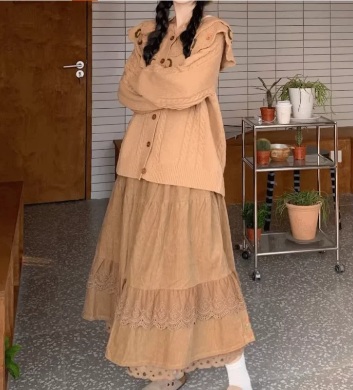 كبيرة الحجم النساء الخريف موضة تنوعا الرجعية المطرزة سترة سترة عالية الخصر ألف خط فضفاض الكورية الحد من العمر تنورة