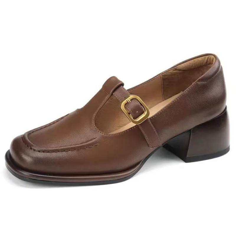 British High-heeled Small Leather Shoes for Women, Thick Toe, Retro Brown Light Mouth Buckle Single Shoe Women view 5