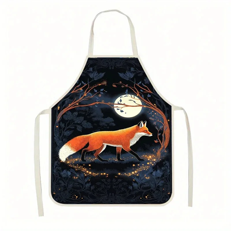 Magical Forest Red Fox Linen Apron 2D Flat Printed Moon Starry Night Kitchen Cooking Bib Women Home Chef Pinafore Workwear