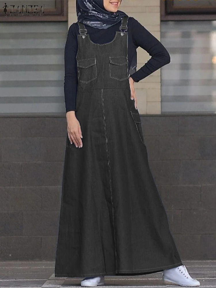 ZANZEA Fashion Autumn Overalls Dress Women Spaghetti Strap Vintage Denim Blue Dubai Turkey Abaya Vestido Islamic Muslim Sundress