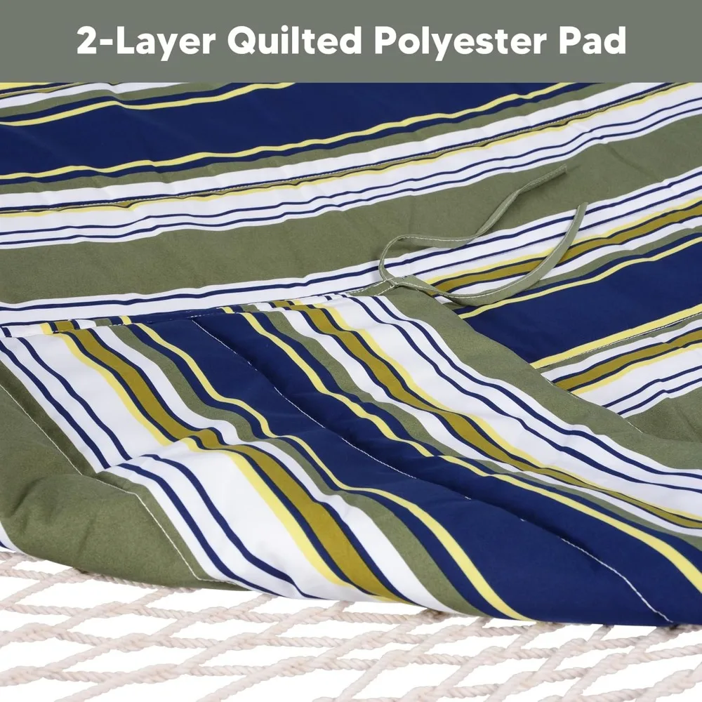 أرجوحة مزدوجة من حبل القطن للاستخدام الخارجي مع وسادة بوليستر، أزرق وأكوا، وشملت شريط توزيع الخشب الصلب، مثالية للاسترخاء وC