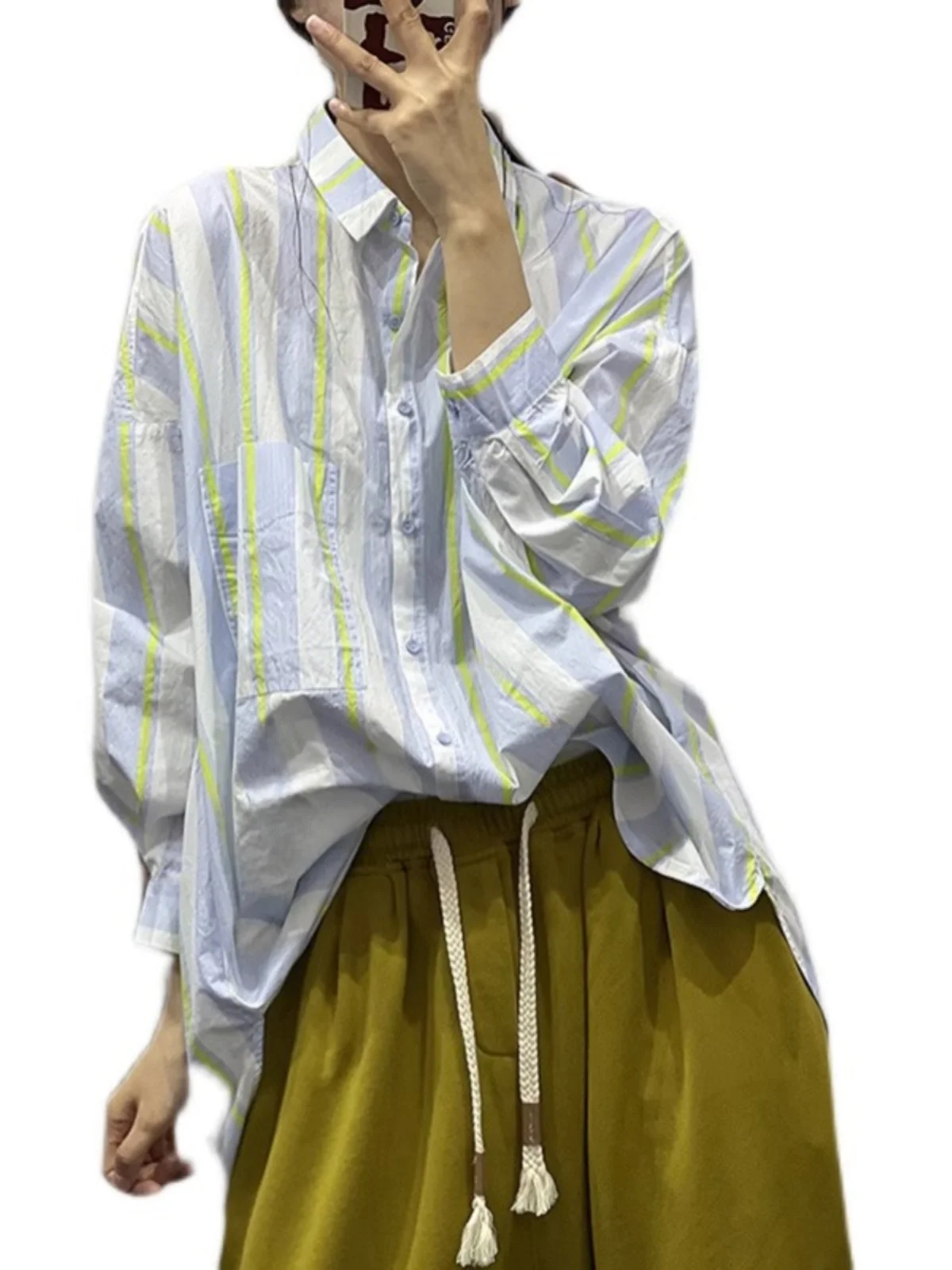 

Fre Japanese Sle Striped Cotton Linen Casual irt Long Sve Women's Mid-Length Loose Fit Button-Up Ne Top