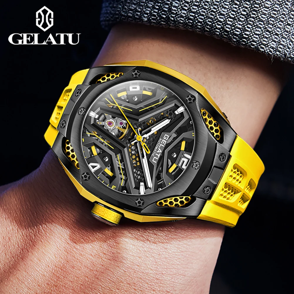 GELATU Men Automatic Mechanical Watch Tourbillon Hollow Dial Sport Racing Style Yellow Rubber Strap Luxury Male Wristwatch