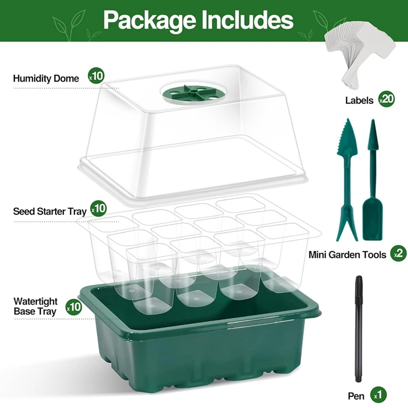 10 Pack Heightened Lids Seed Starter Tray Seedling Starting Trays With Humidity Dome, Green