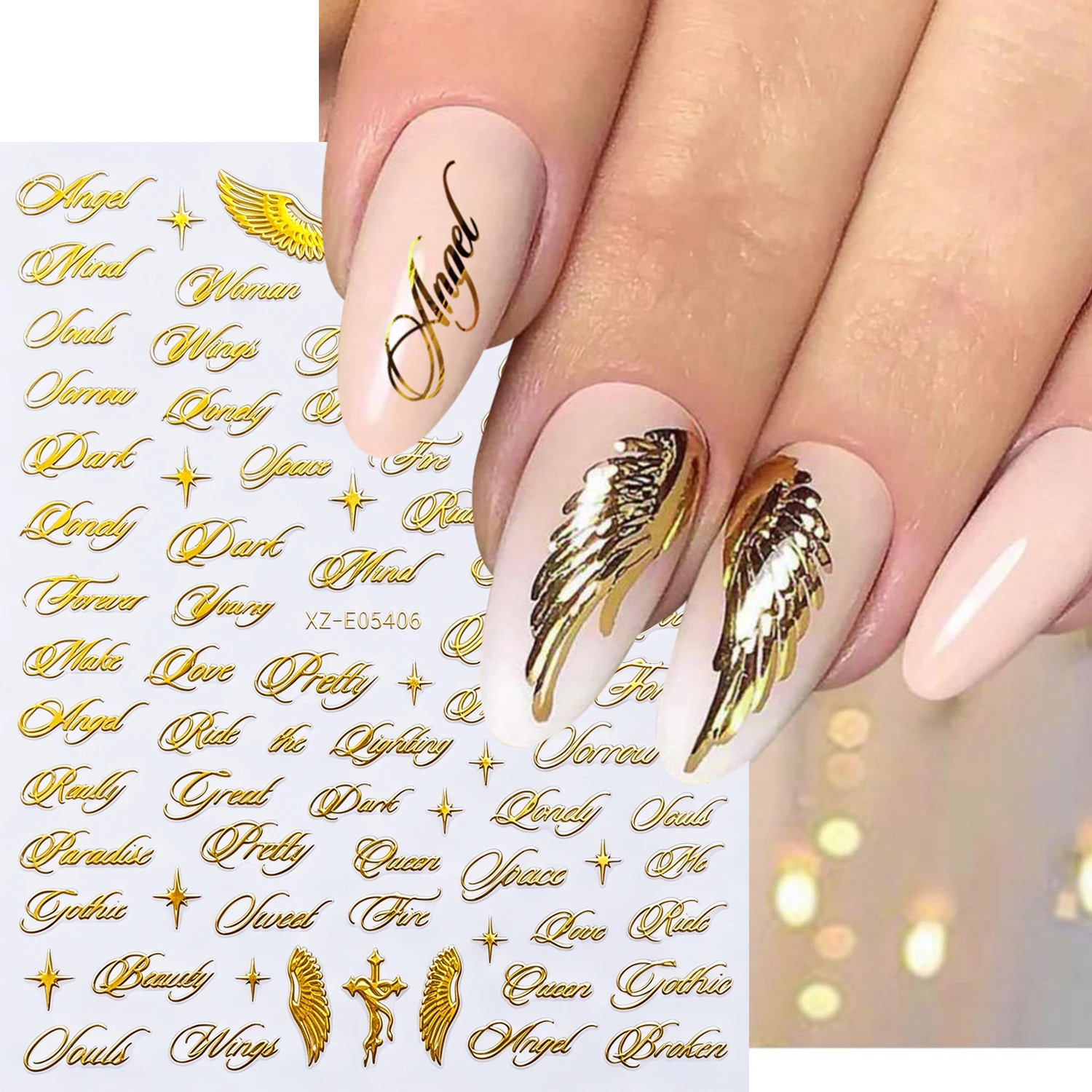 4 Stück Vintage-Schrift-Englisch-Nagelaufkleber 3D Gothic Schwarz Gold Silber Kursiv Altenglisch Flügel Kreuz Stern Nagelsticker Y2K Nageldekor – Detail 2