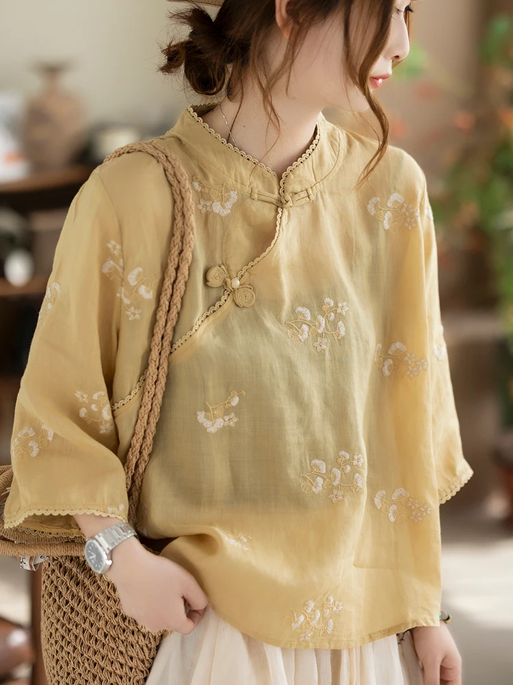 

Cotton Linen irt Women's Stand Collar Button up Loose Fit Cotton Linen Blend Embroidered Traditional Chinese Sle Top