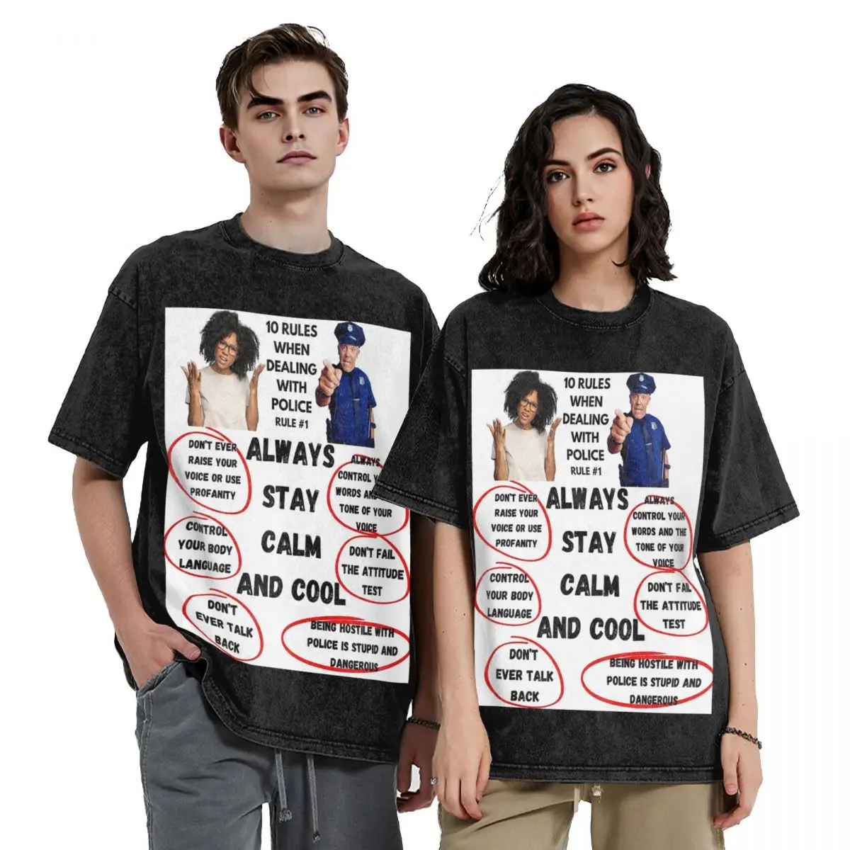 Rule #1 When Dealing With Police Hip Hop Short Sleeve T-Shirts Washed Tops Tees Streetwear T Shirt Oversized for Men Women