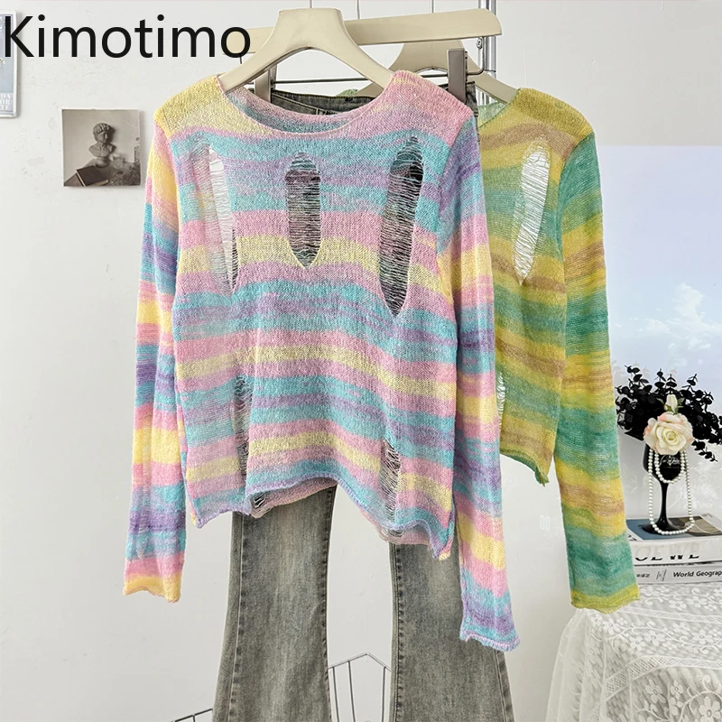 

Kimotimo Colorful Striped Hole Knitted Pullover Women Autumn O Neck Loose Long Sleeve Thin Sweater Fashion Versatile Crop Tops