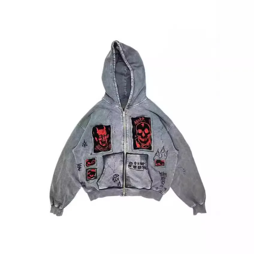 

American street retro Y2K men and women with the same devil print patch heavy loose hooded sweater