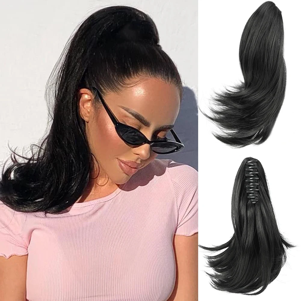 Clip de garra Pieza de cabello de cola de caballo corta Extensión de cola de caballo sintética de 10 "Marrón oscuro/Auburn dorado