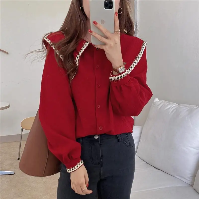 

Ele Loose Women's irt Vintage Doll Collar Trendy Spring Autumn Loose Design Sense Long Sve Straight Cut Other Material