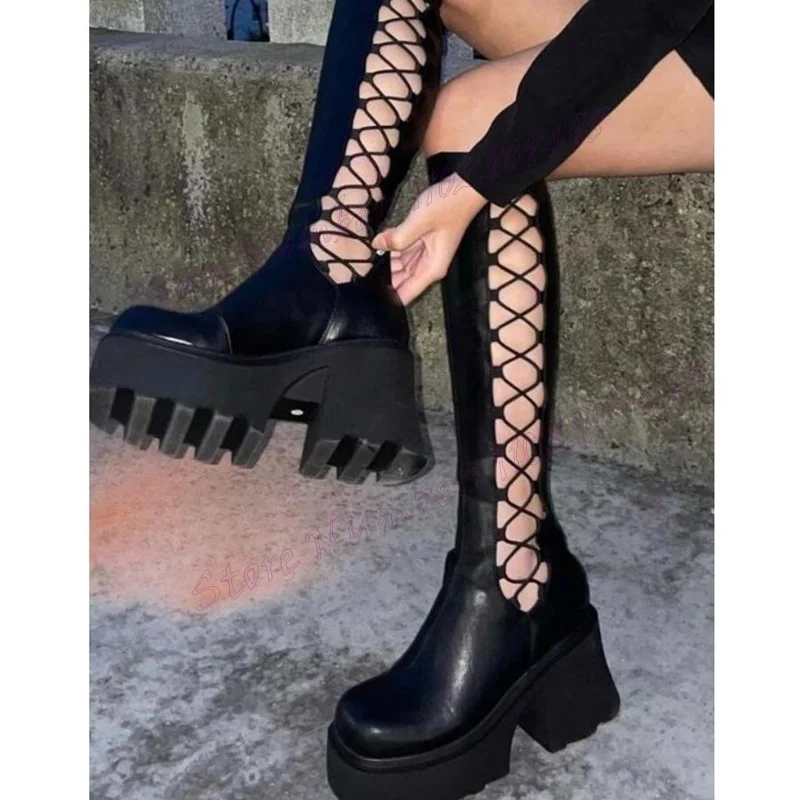 Black Hollow Out Chunky Heels Boots Round Toe Shoes for Women Matte Leather Knee High Sexy Lady Shoes 2024 Zapatos Para Mujere