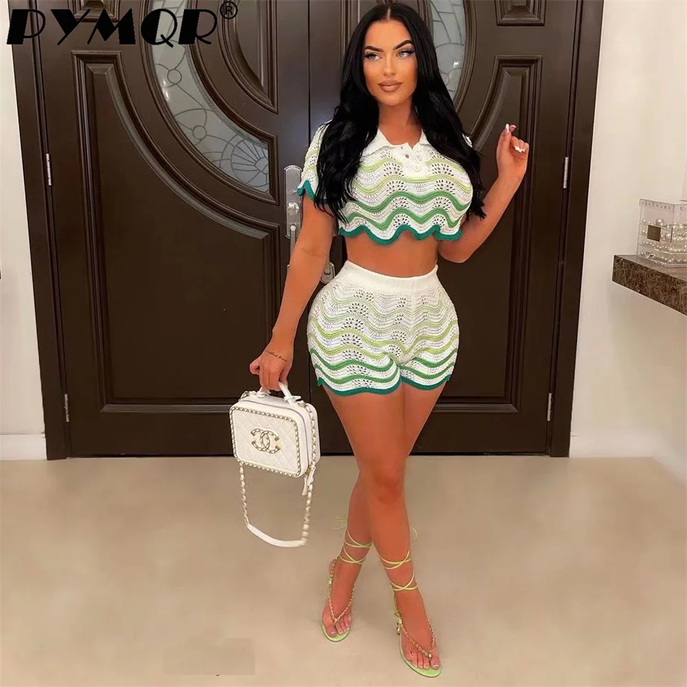 PYMQR New Knitted Sweater Shorts Two-piece Set Woman 2023 Summer Y2K Sexy Streetwear Jogger Outfits Wholesale