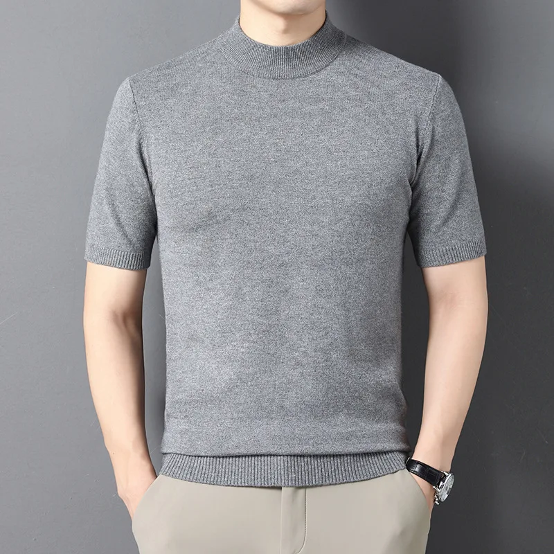 GELITAYIN Knitted Short Sleeves Men's Half High Collar Casual Slim Fit Solid Color Tops Korean Pullover Summer Fall Men's Bottom