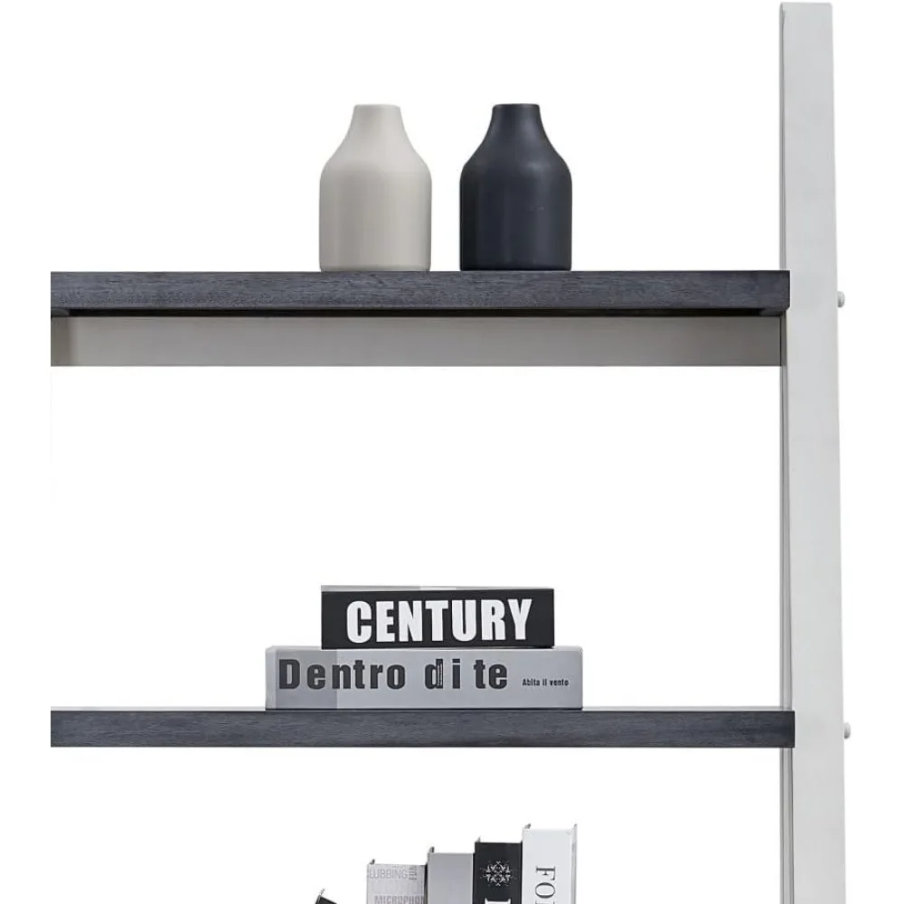 رف كتب على شكل سلم مع إطار من الخشب المطاطي - رف تخزين من 5 طبقات للمنزل والمكتب وغرفة المعيشة والمطبخ واستخدام غرفة النوم