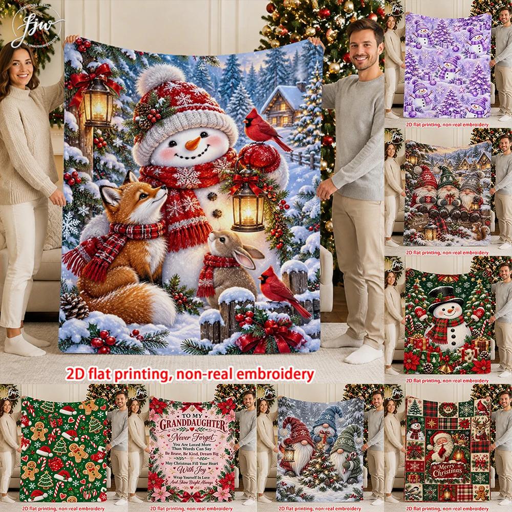 1pc Christmas Winter Snowman Fox  Gnome Fleece Throw Blanket, Festive Holiday Home Decor for Sofa Couch Bed
