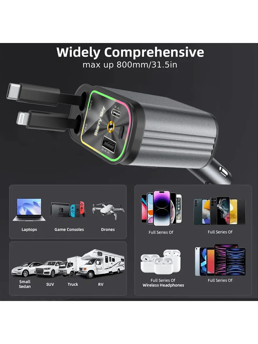 

66W 4-Port Compact Car Charger With Retractable Cables, Starry Sky Projection & RGB Breathing Light, Type-C/Lightning/2USB For