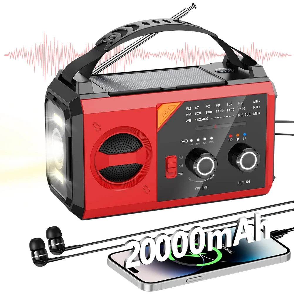20000mAh Emergency Radio AM FM NOAA Hand Crank Solar Weather Alert Radio SOS Alarm Compass Cell Phone Charger Radio for Outdoor