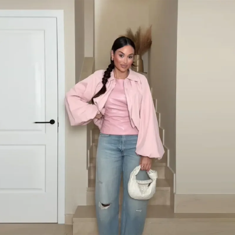 Women's Pink Puff Sleeve Pleated Bomber Jacket Casual Sweet Irregular High Waist Zipper Loose Crop Coat Daily Commute Outerwear