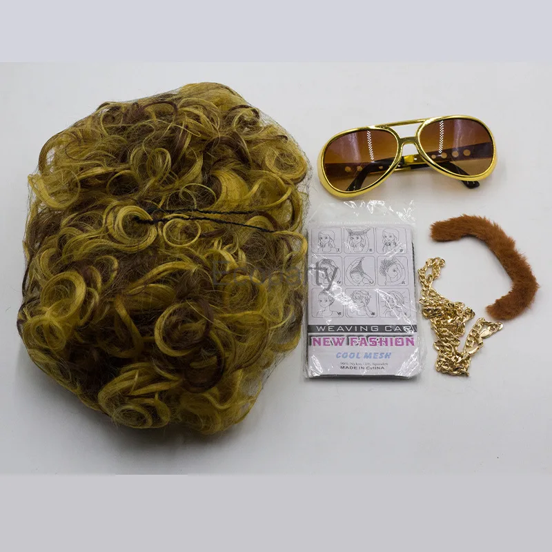 70s Retro Disco Costume Wig For Man Funny Golden Brown Short Curly Hair Wig Chain Mustache Halloween Party Accessories Props