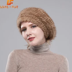 Real Mink Fur Berets Elegant Women's Winter Caps New Design Fashion Fur Hats Knitted Warm Natural Mink Fur Beanies Hat